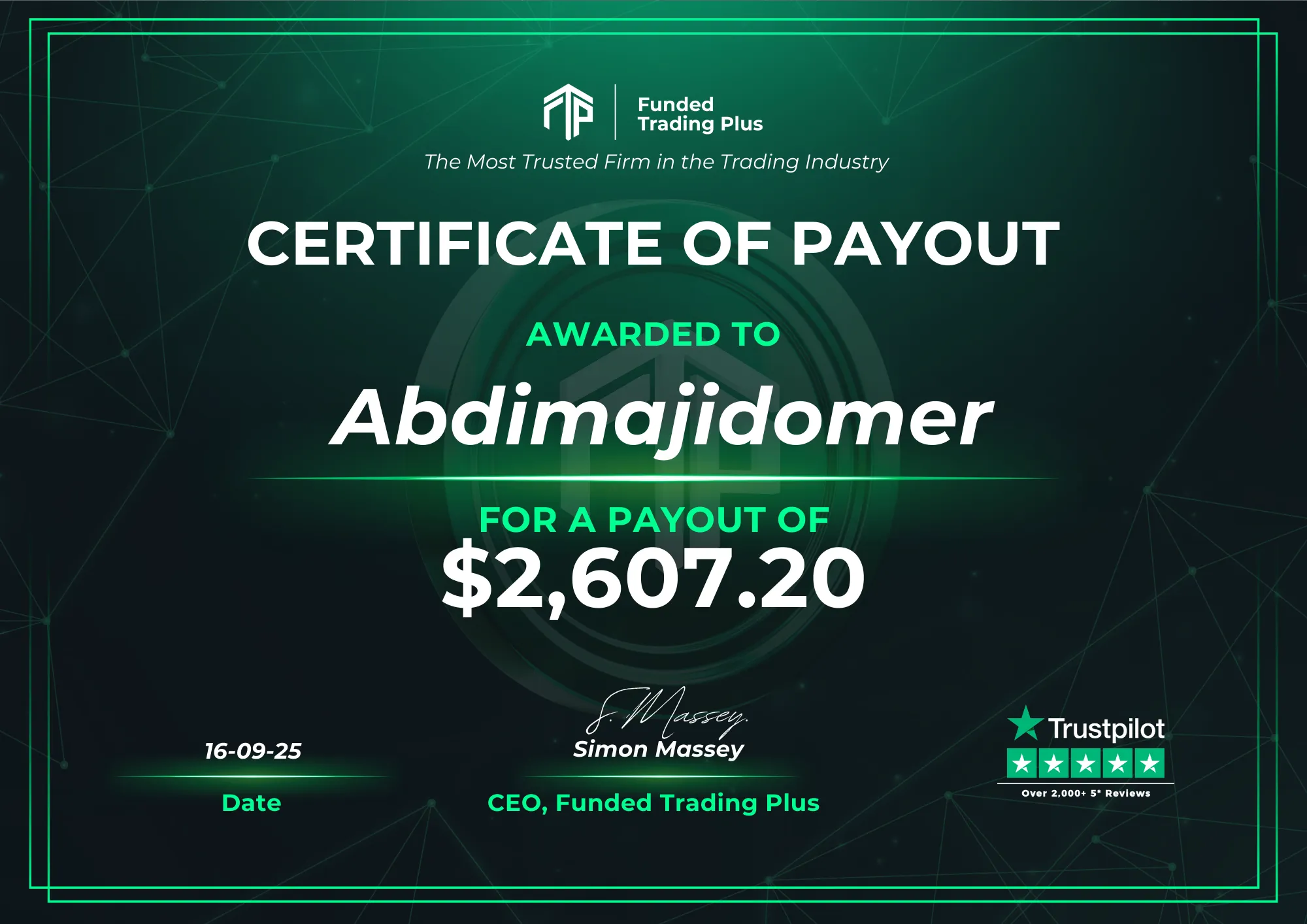 Certificate for Abdimajidomer  -  $2,607.20 