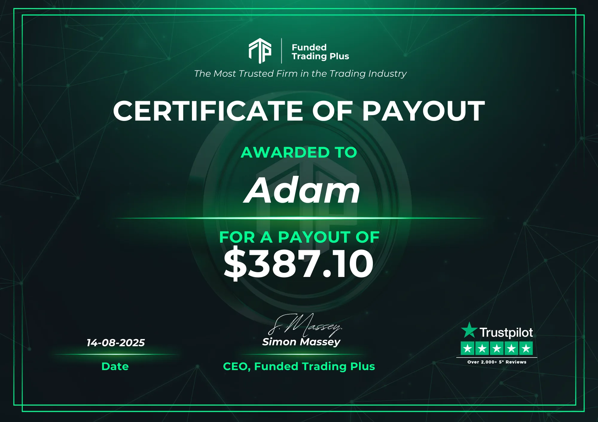 Certificate for Adam  -  $387.10 