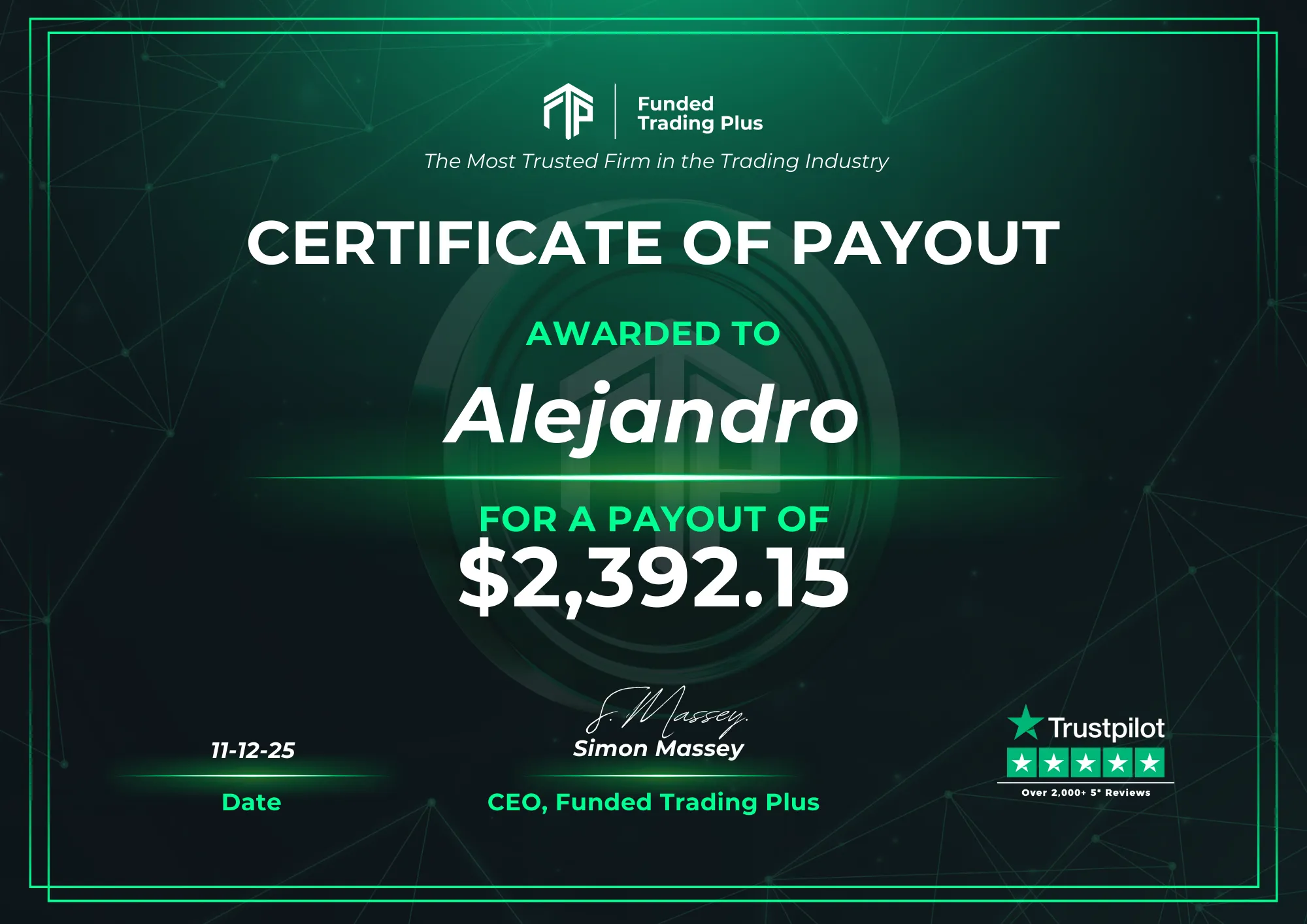 Certificate for Alejandro  -  $2,392.15 