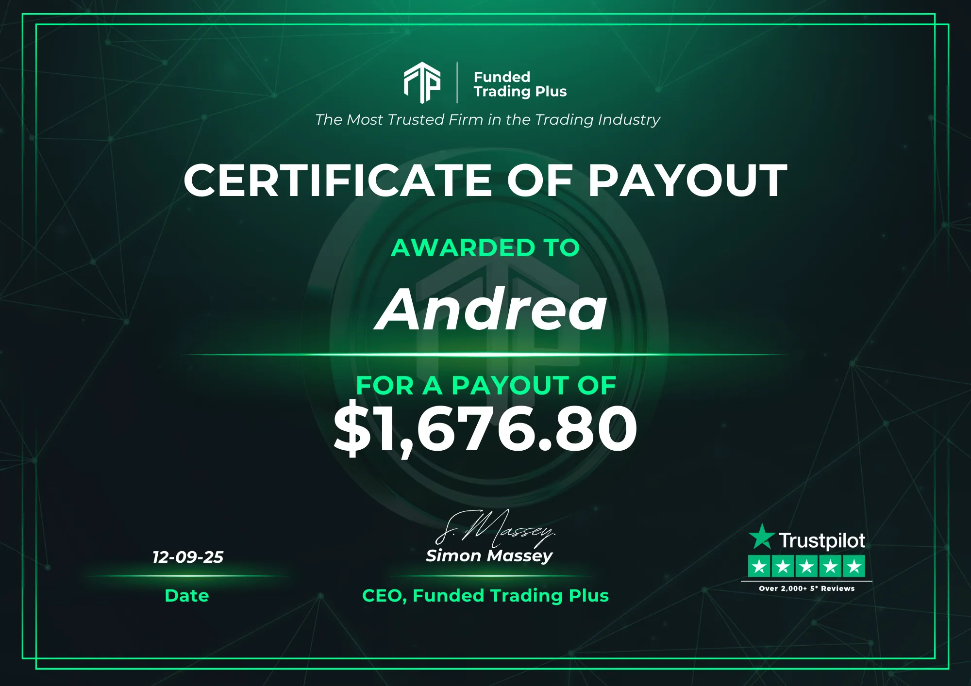 Certificate for Andrea  -  $1,676.80 