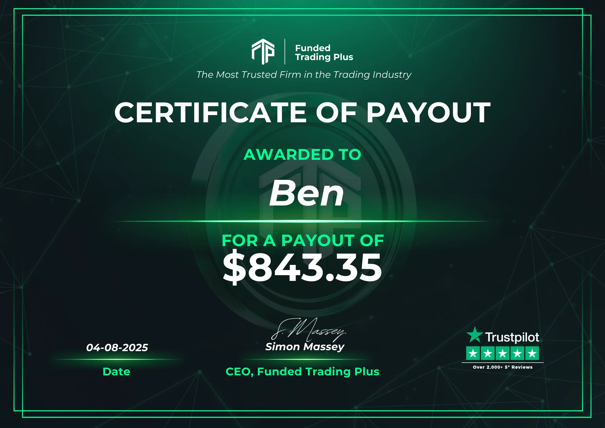 Certificate for Ben  -  $843.35 