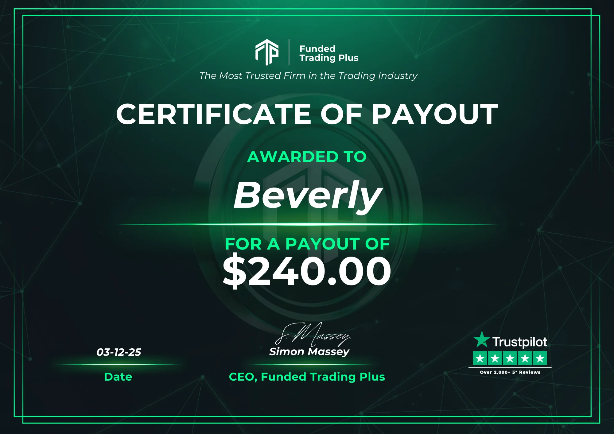 Certificate for Beverly  -  $240.00 