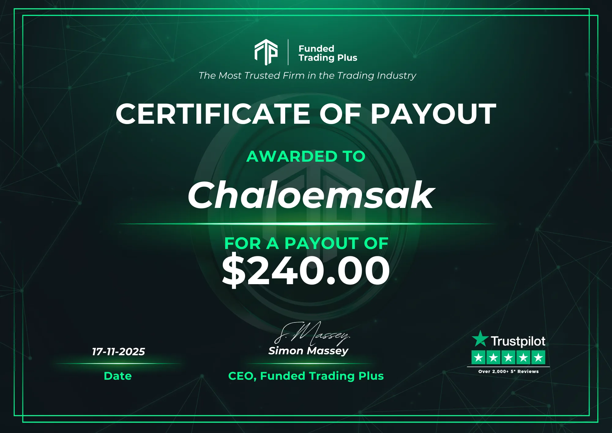 Certificate for Chaloemsak  -  $240.00 