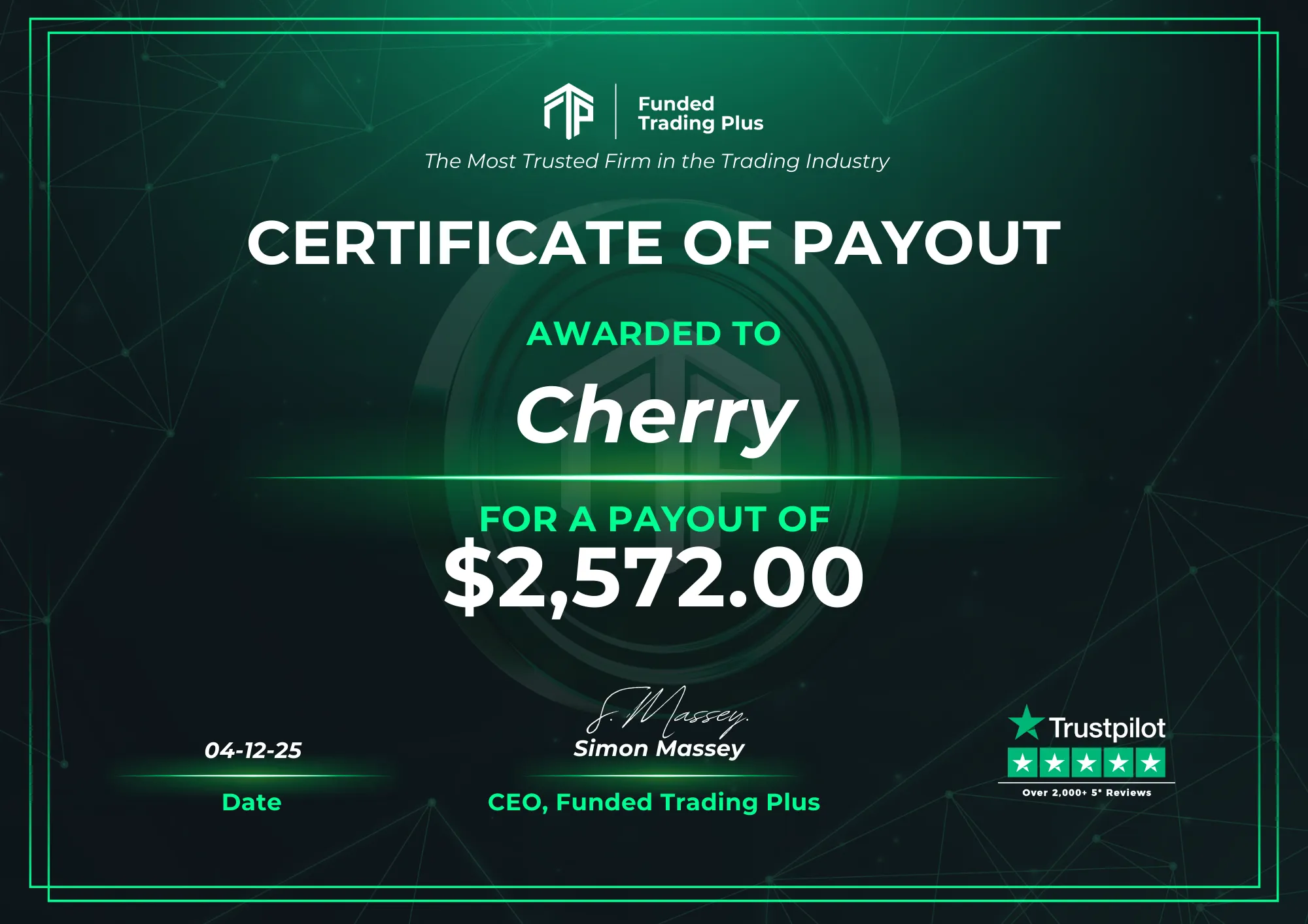 Certificate for Cherry  -  $2,572.00 