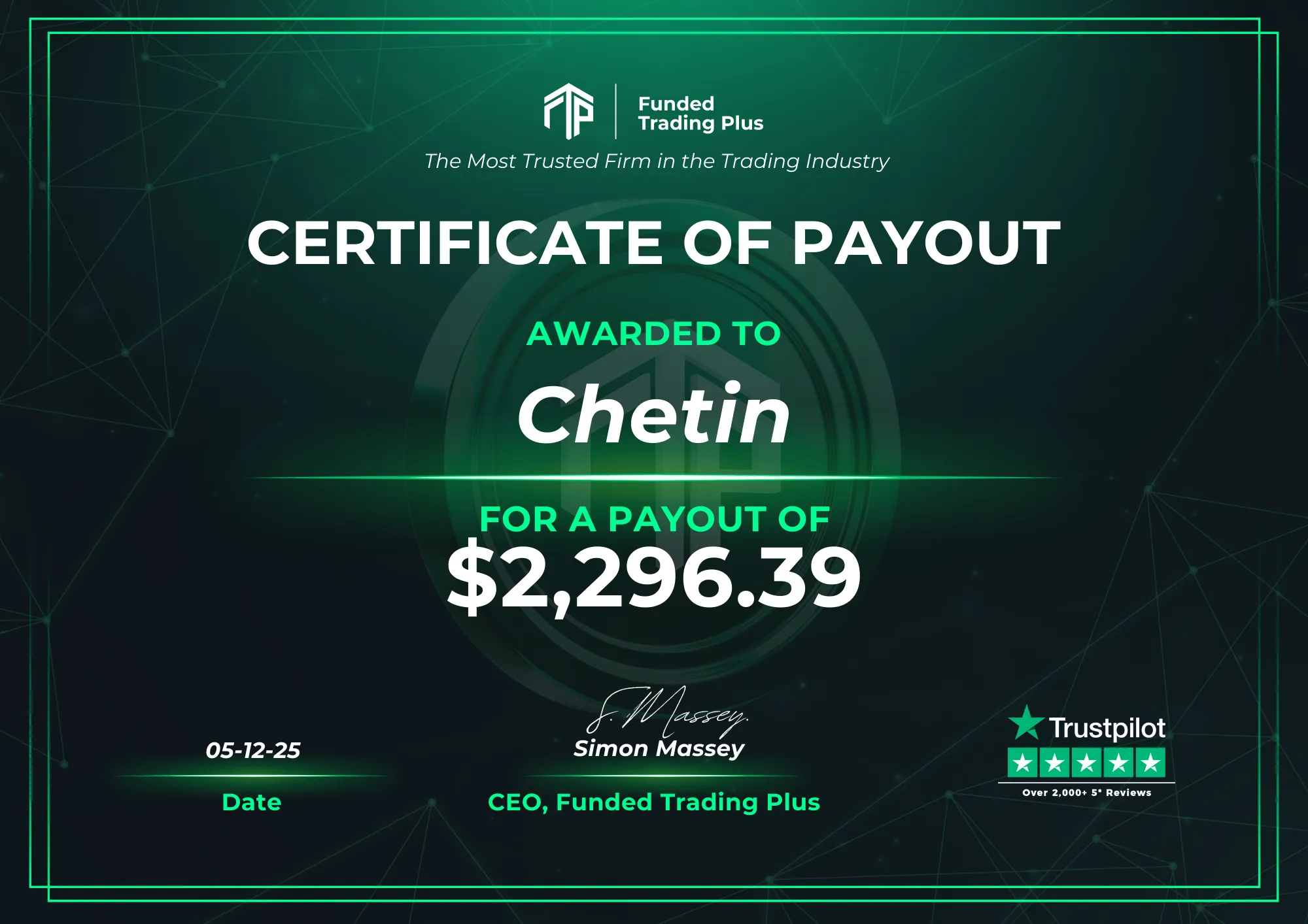 Certificate for Chetin  -  $2,296.39 