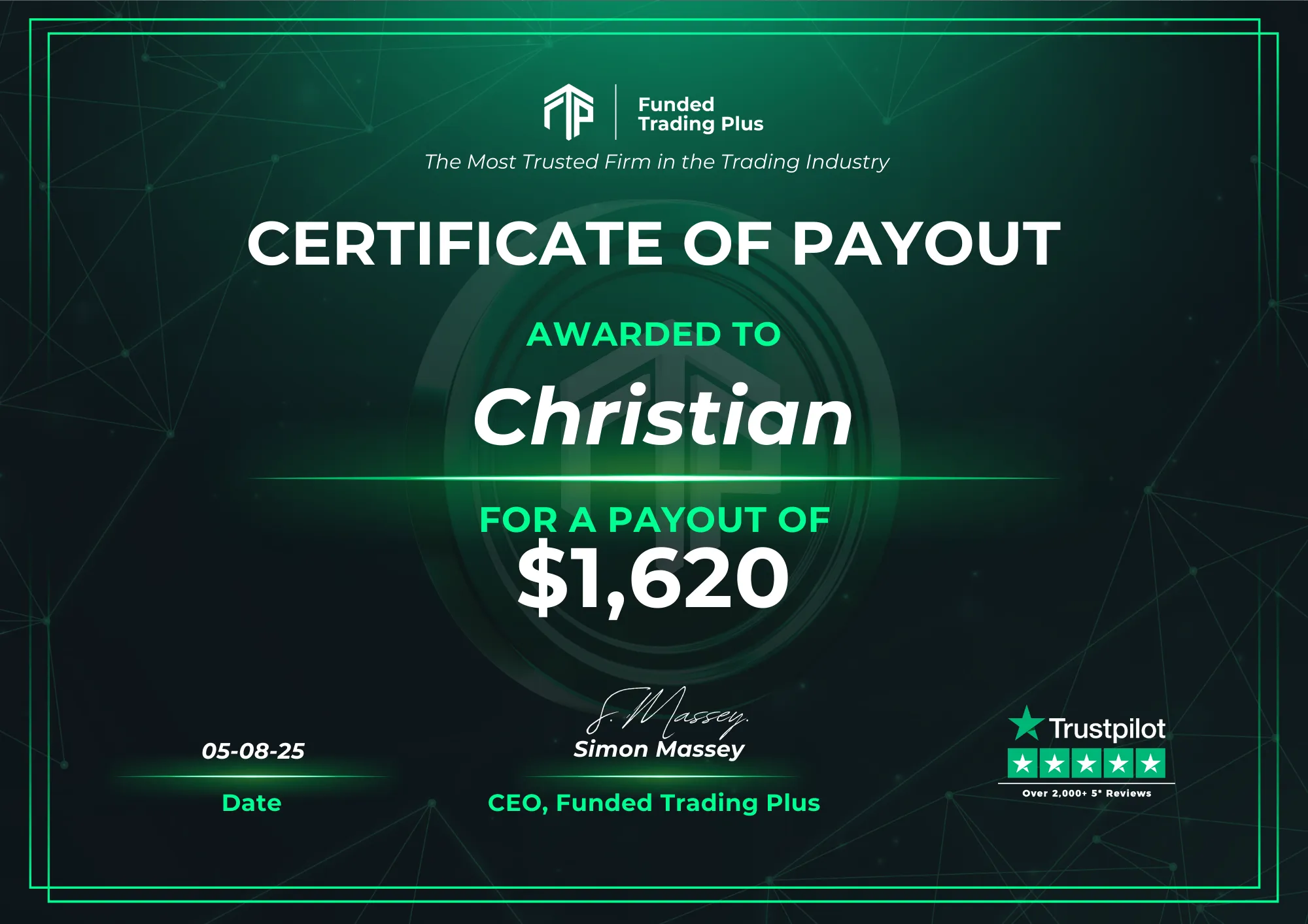 Certificate for Christian  -  $1,620.00 