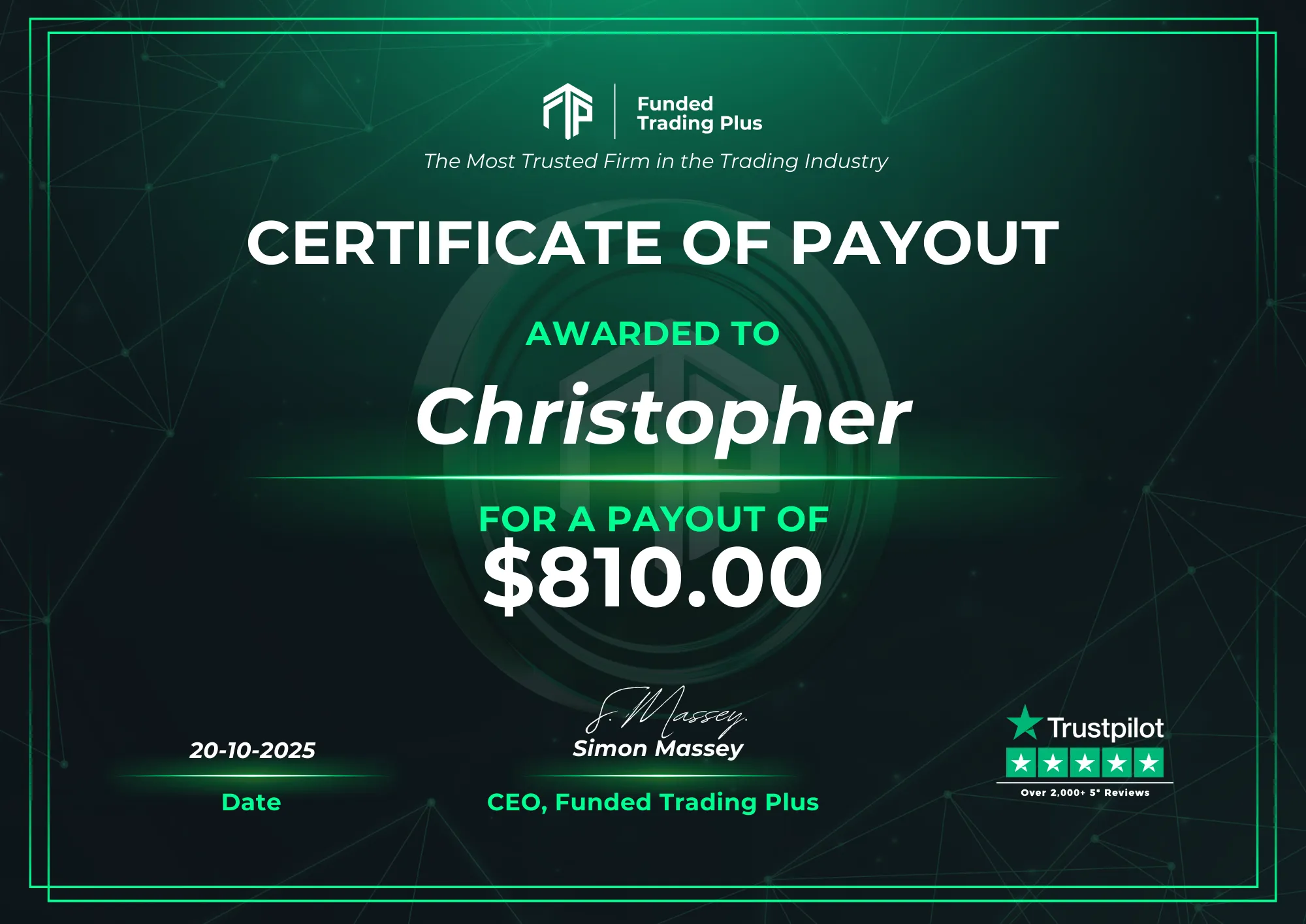Certificate for Christopher  -  $810.00 