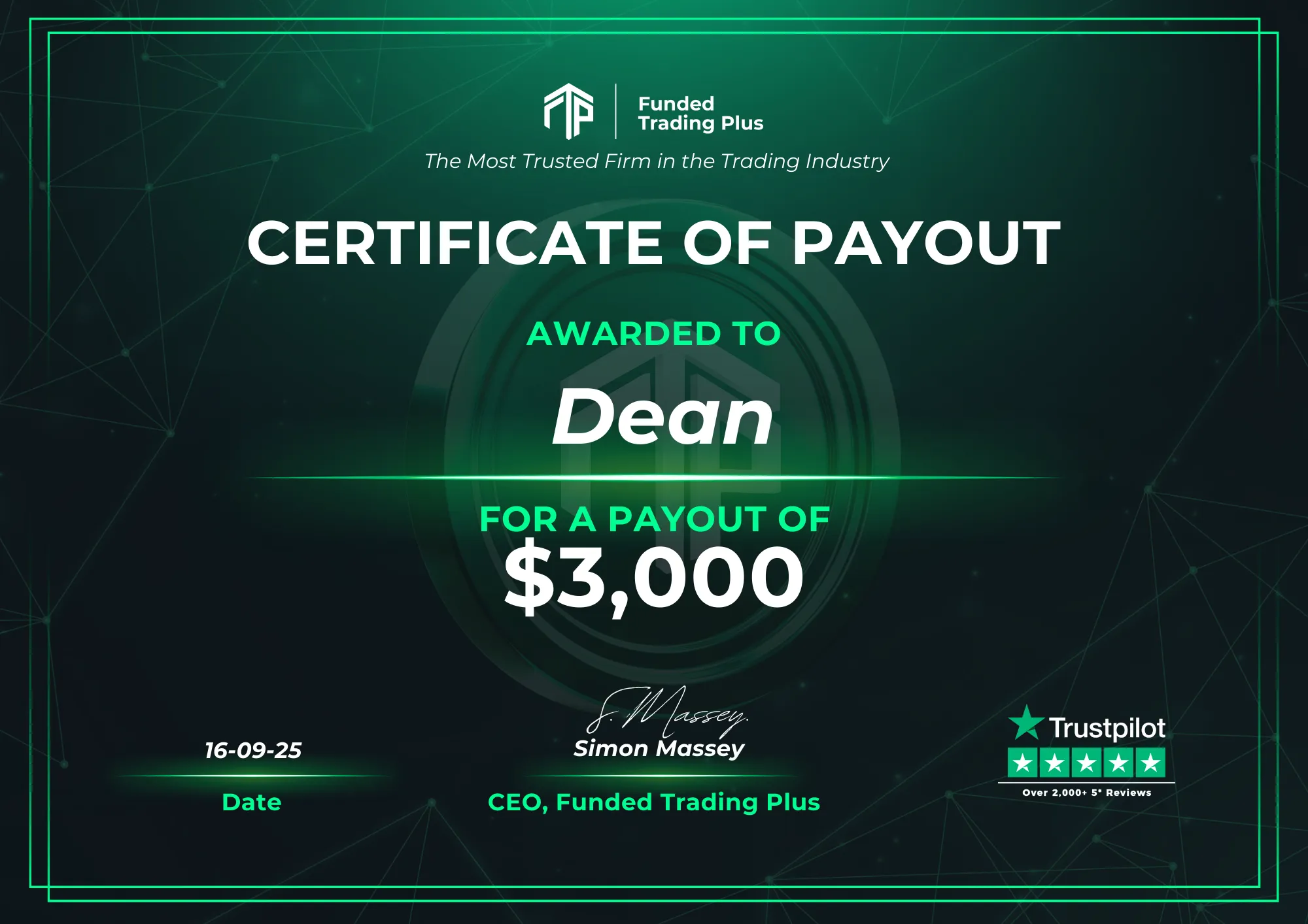 Certificate for Dean  -  $3,000.00 