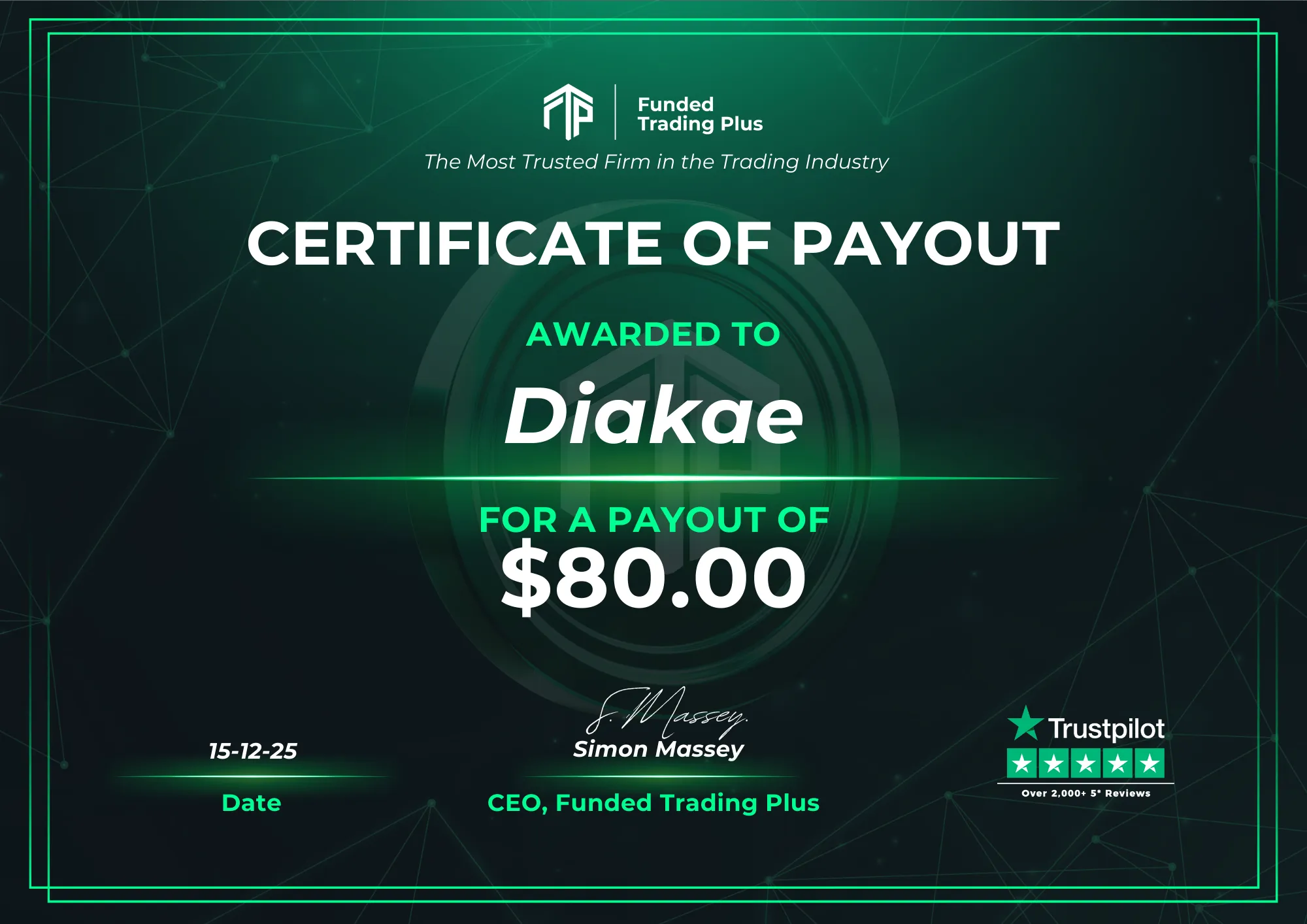 Certificate for Diakae  -  $80.00 