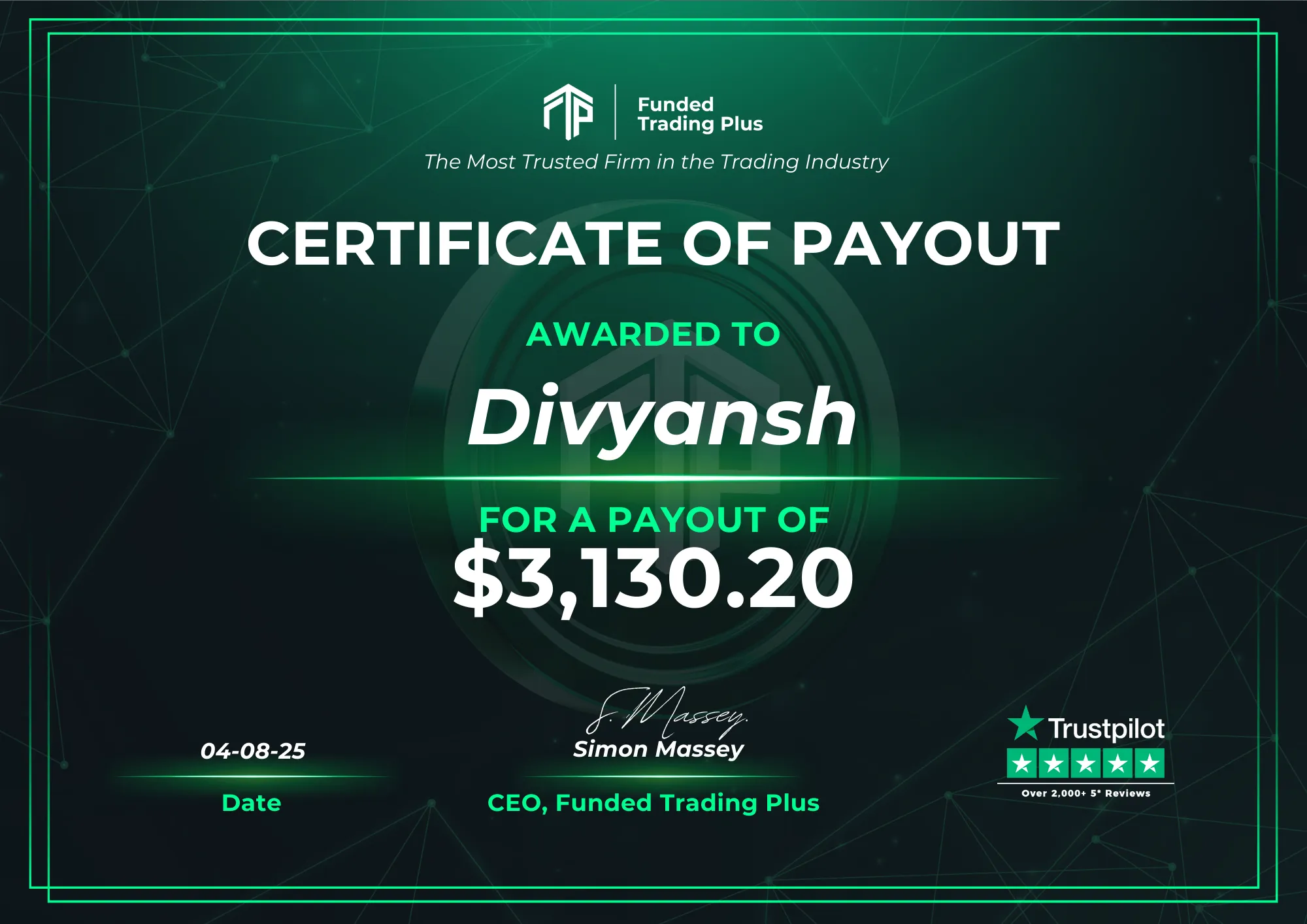 Certificate for Divyansh  -  $3,130.20 