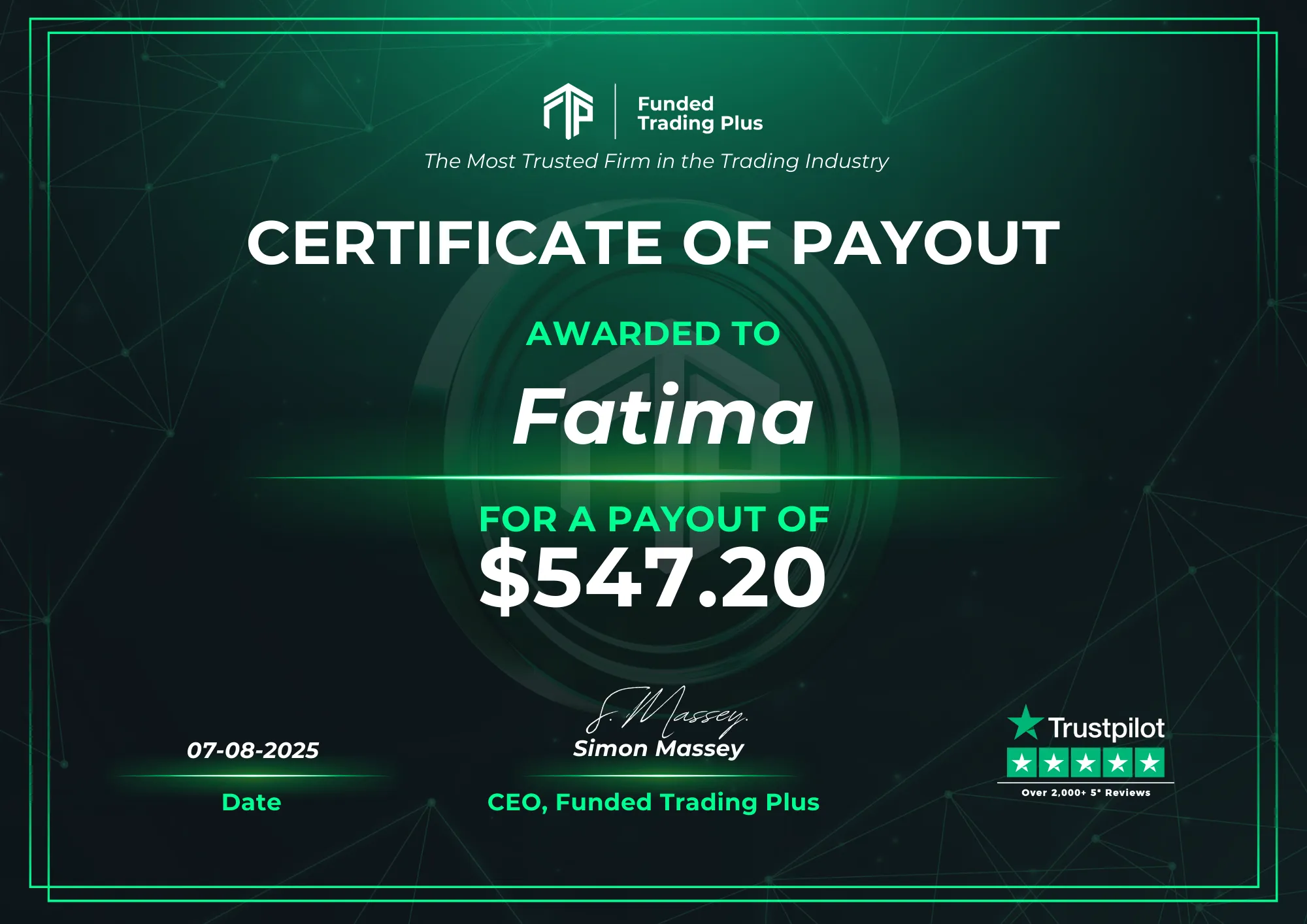 Certificate for Fatima  -  $547.20 