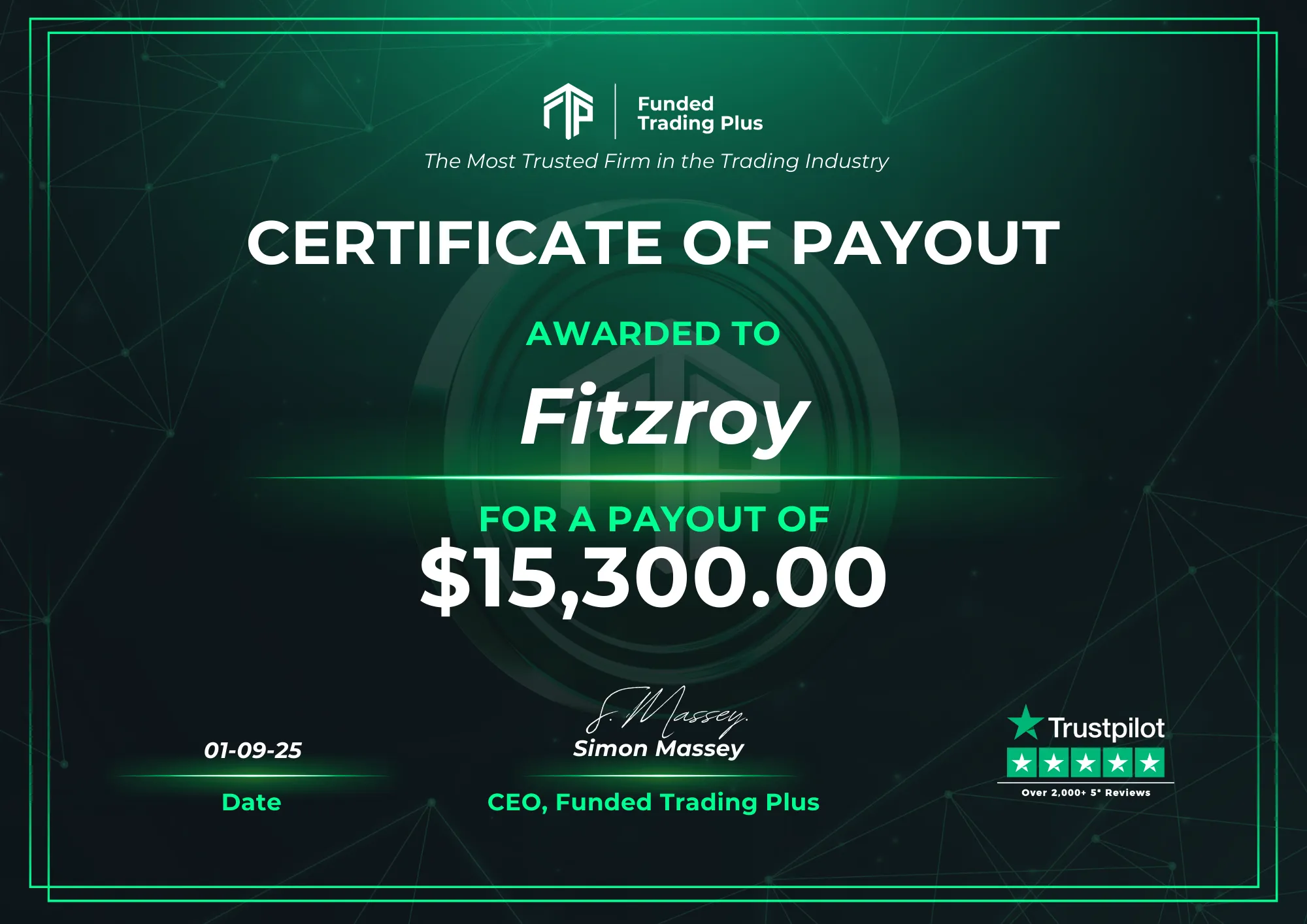Certificate for Fitzroy  -  $15,300.00 