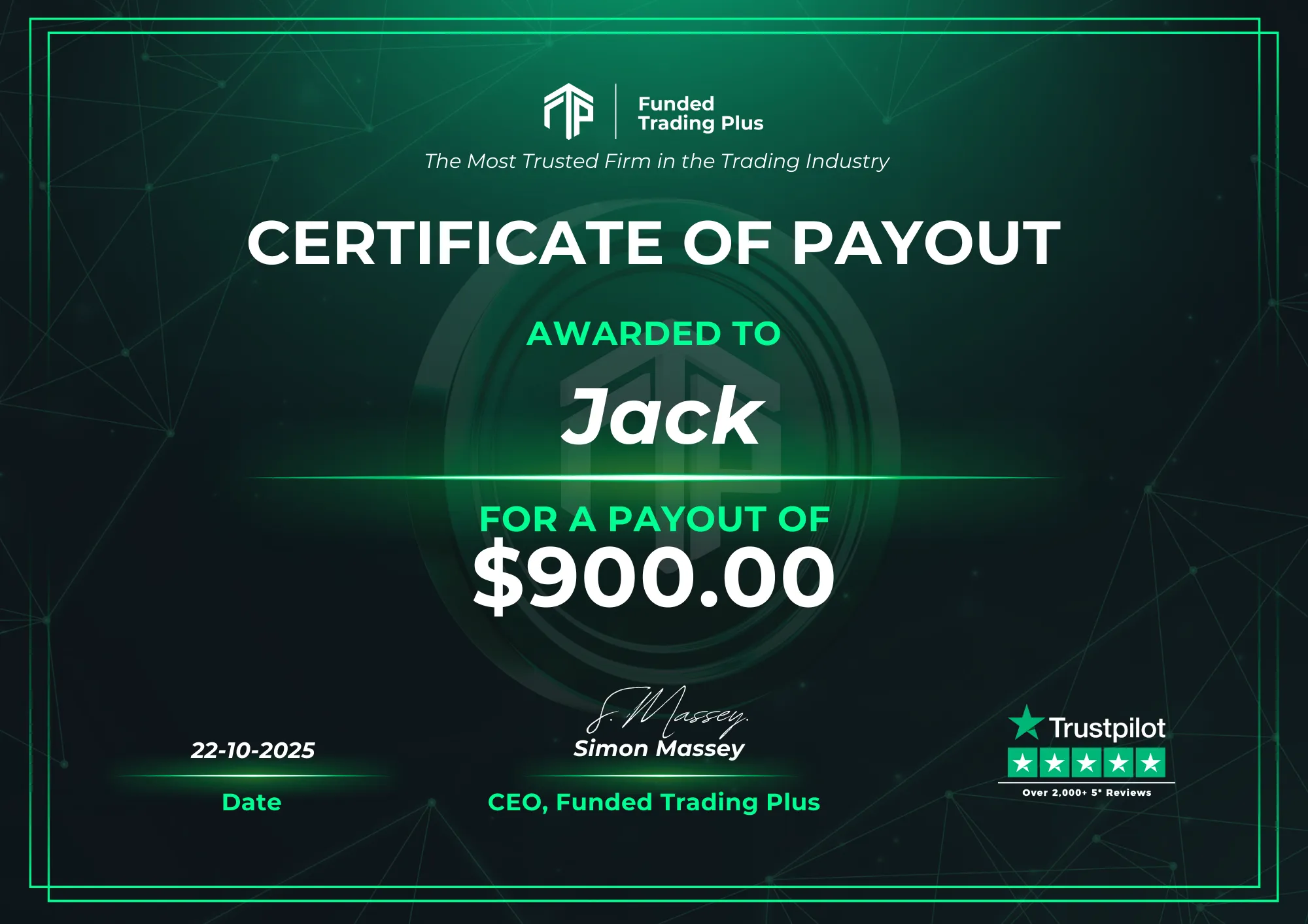 Certificate for Jack  -  $900.00 