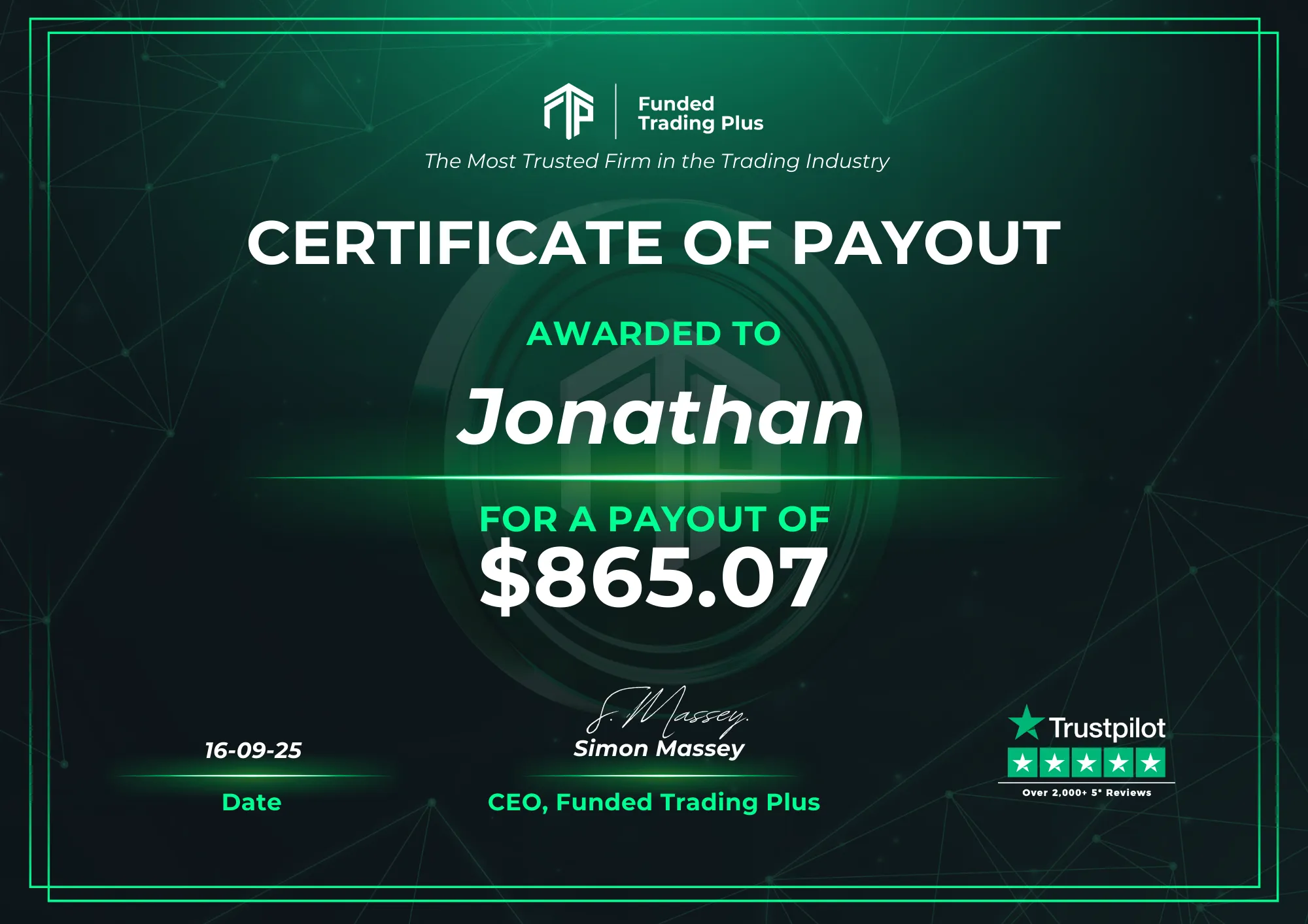 Certificate for Jonathan  -  $865.07 