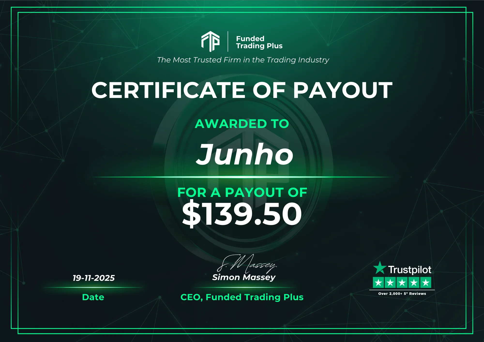 Certificate for Junho  -  $139.50 