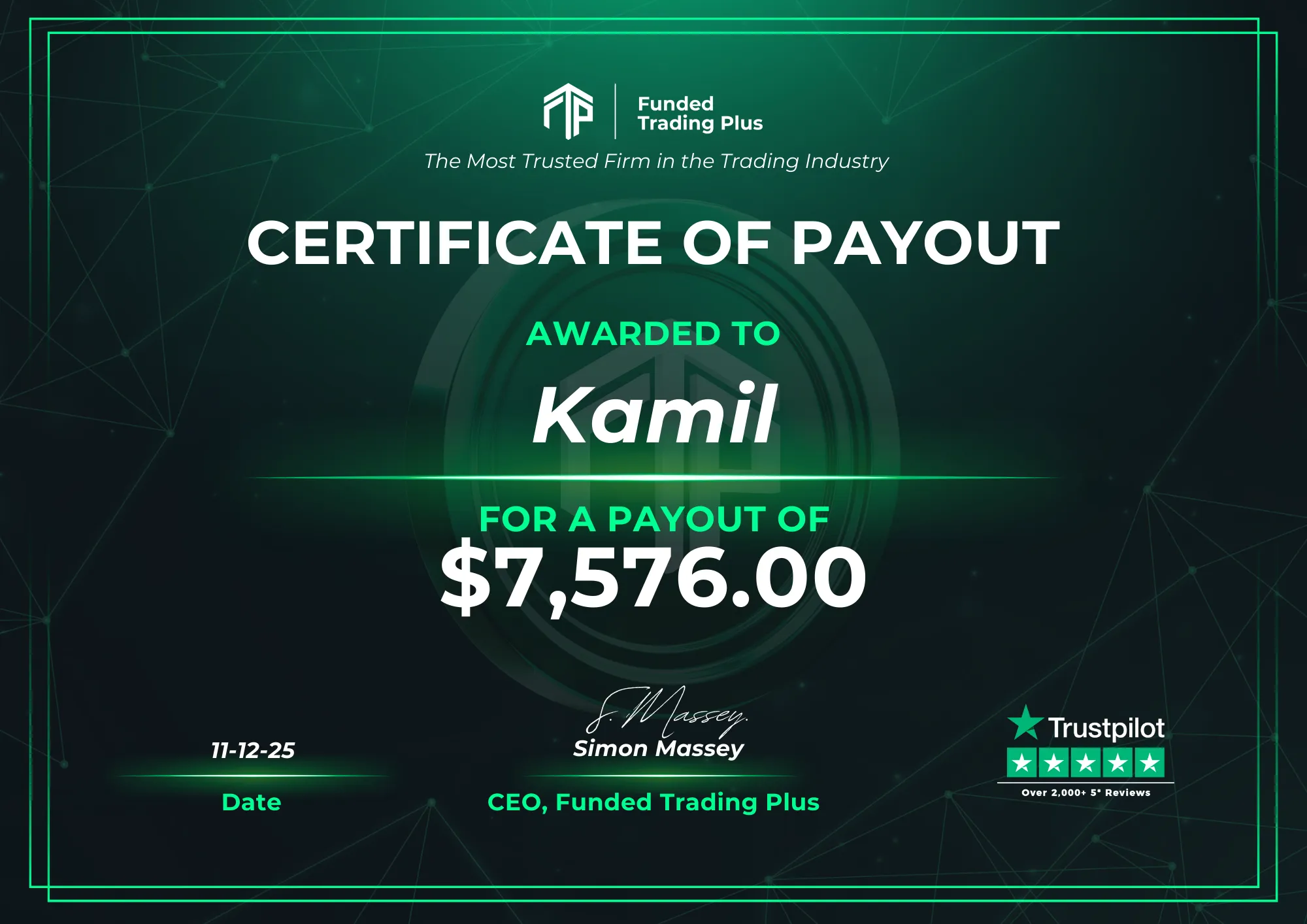 Certificate for Kamil  -  $7,576.00 