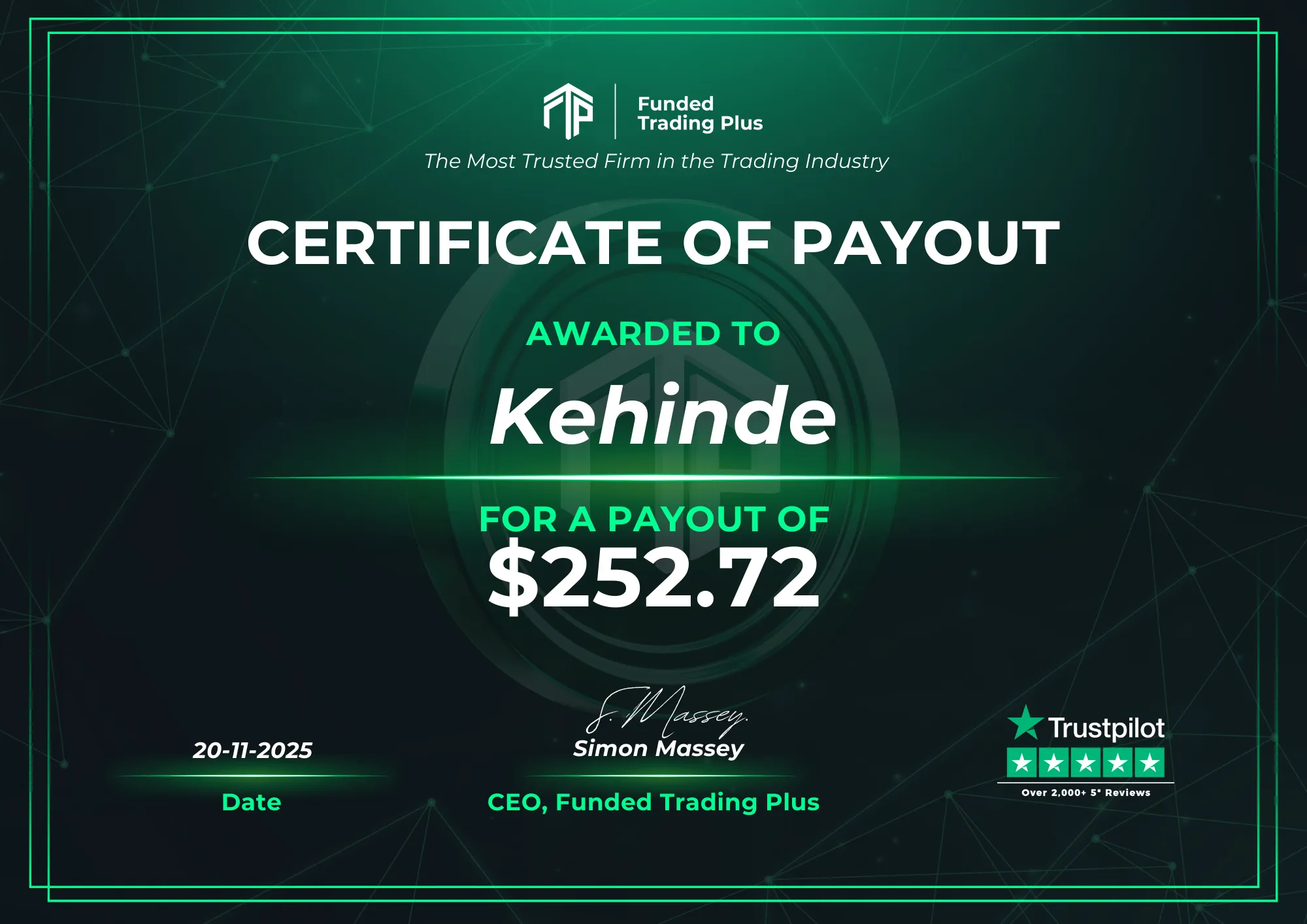 Certificate for Kehinde  -  $252.72 