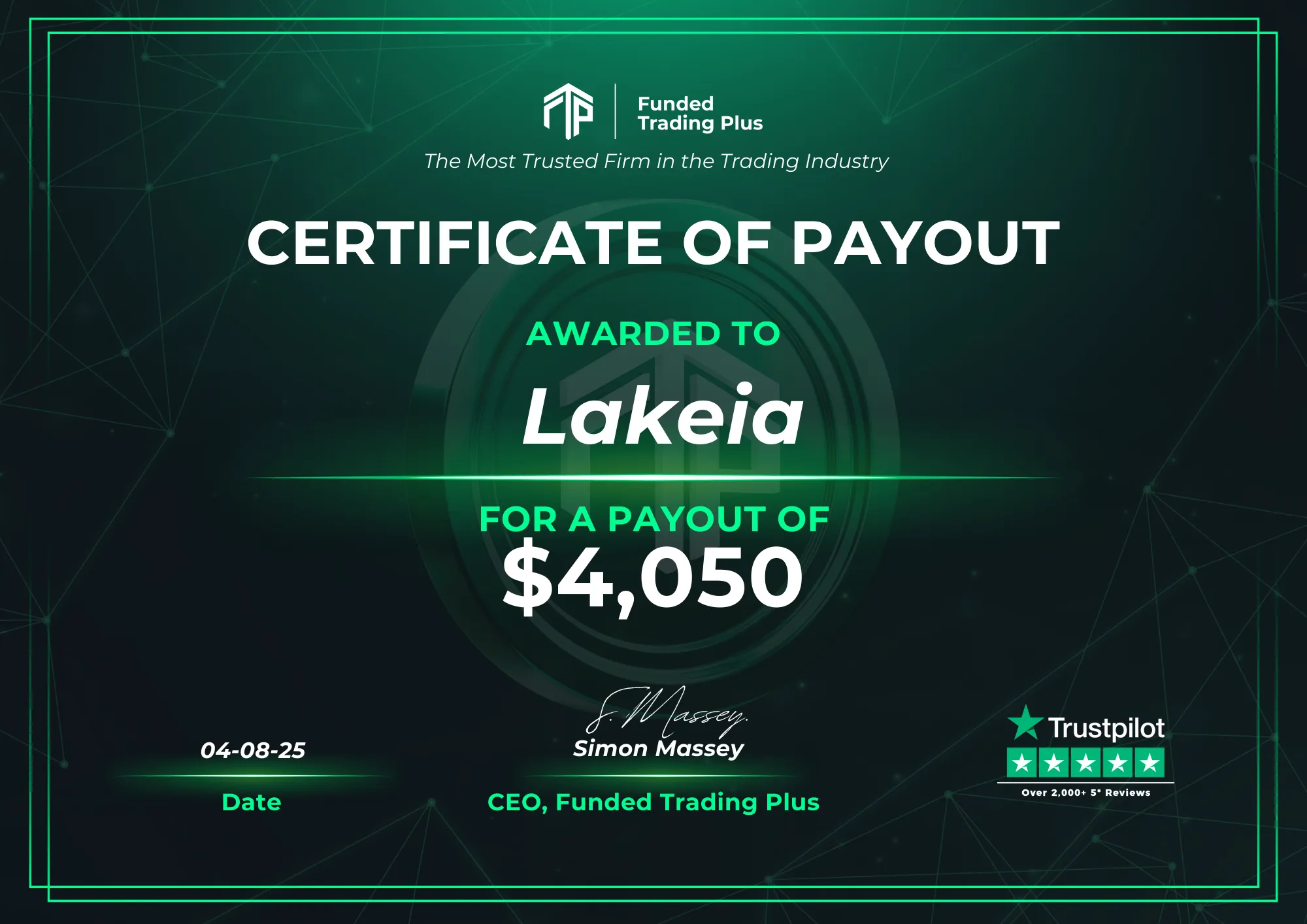 Certificate for Lakeia  -  $4,050.00 