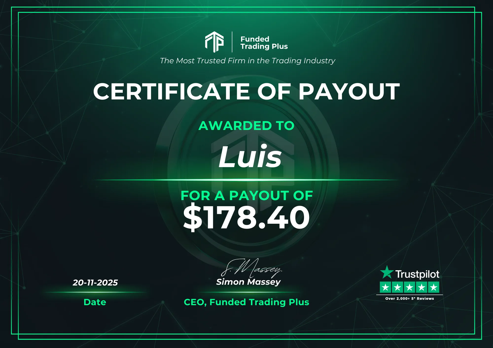 Certificate for Luis  -  $178.40 