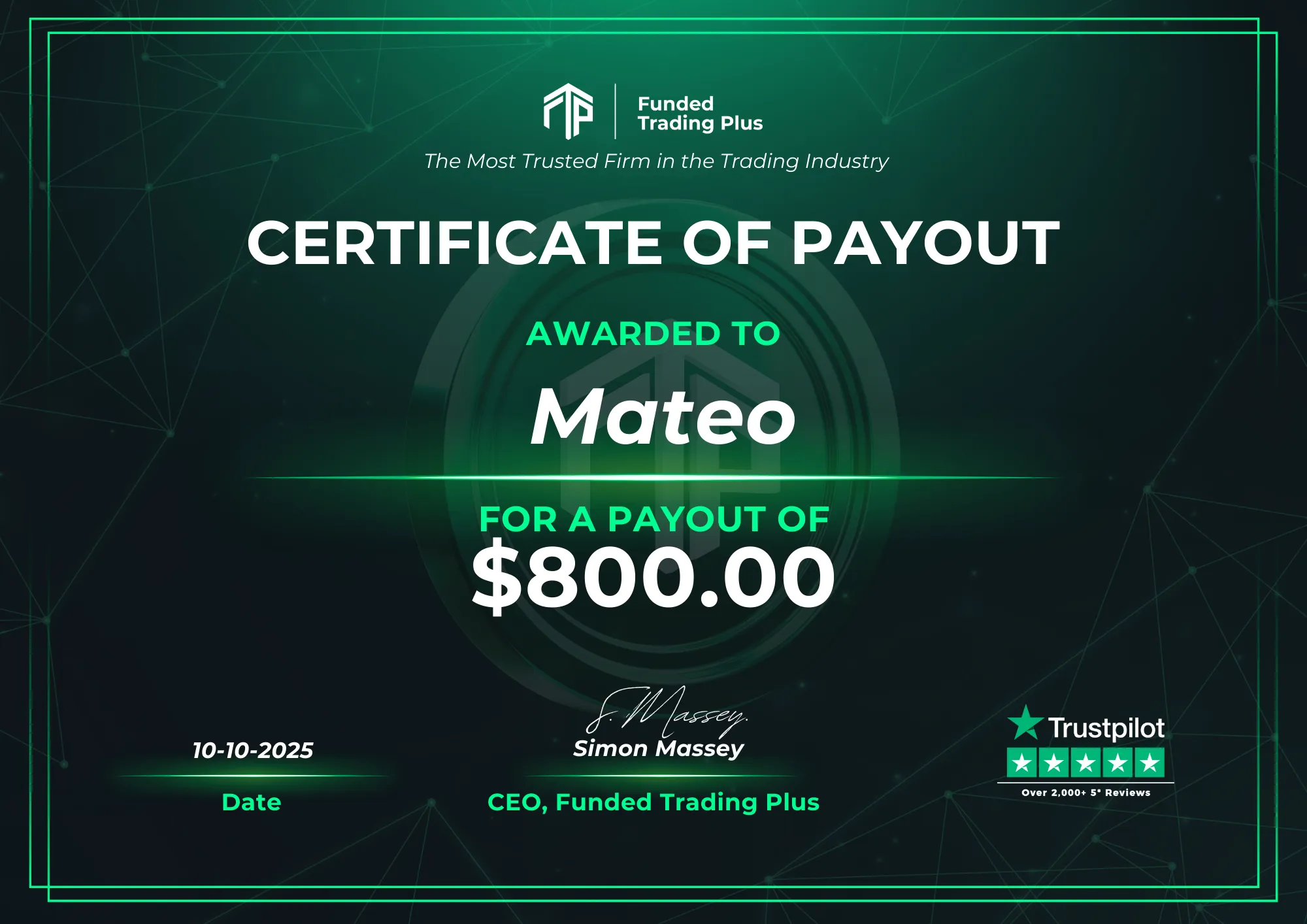 Certificate for Mateo  -  $800.00 