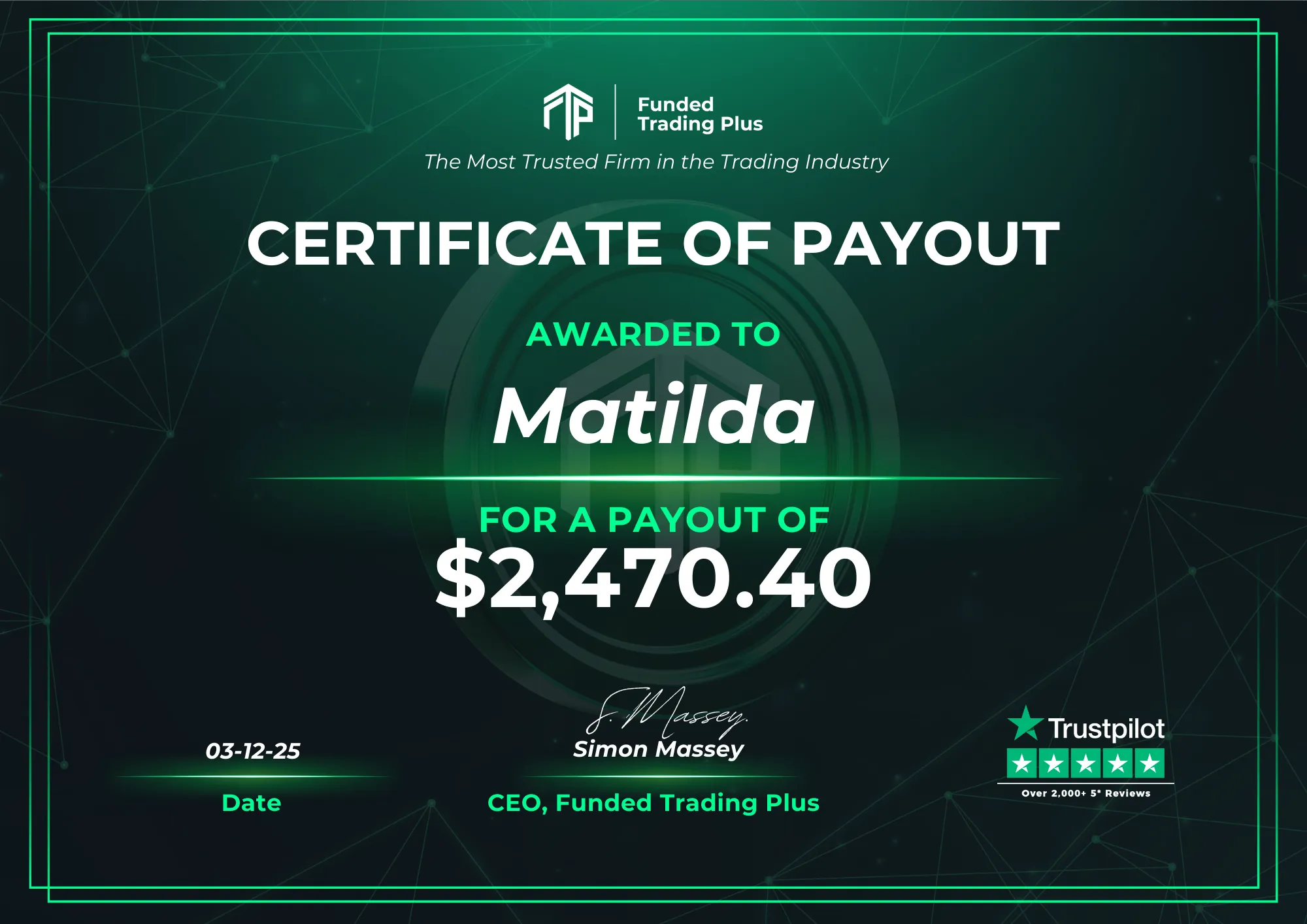 Certificate for Matilda  -  $2,470.40 