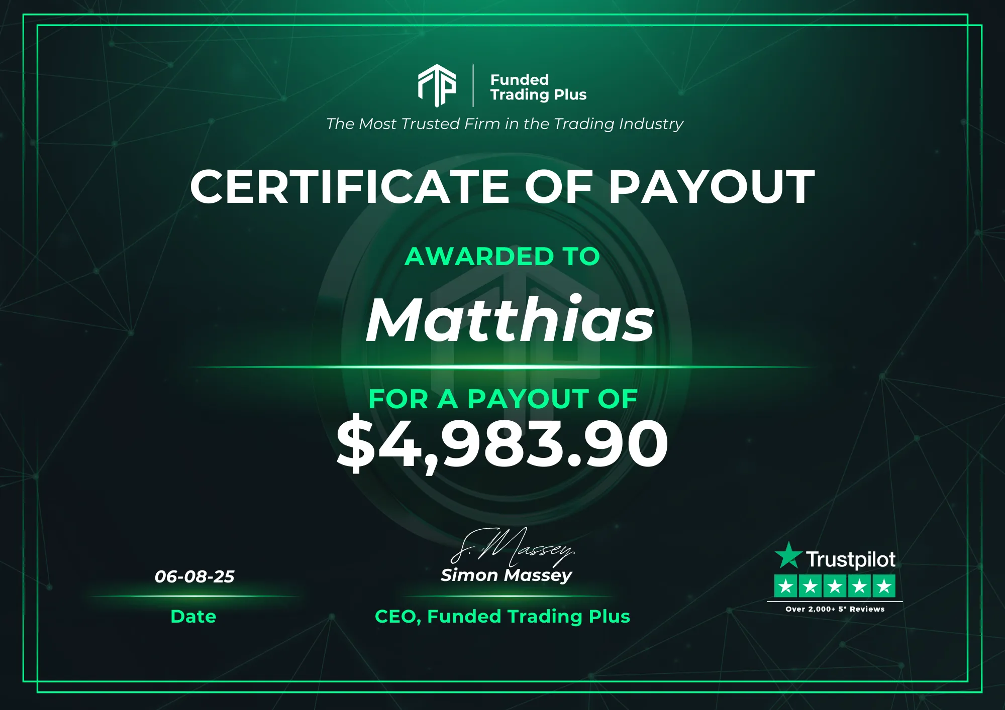 Certificate for Matthias  -  $4,983.90 