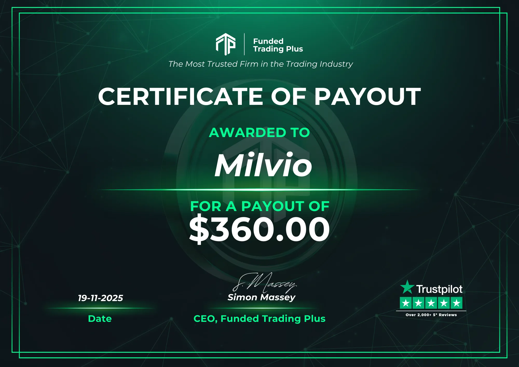 Certificate for Milvio  -  $360.00 