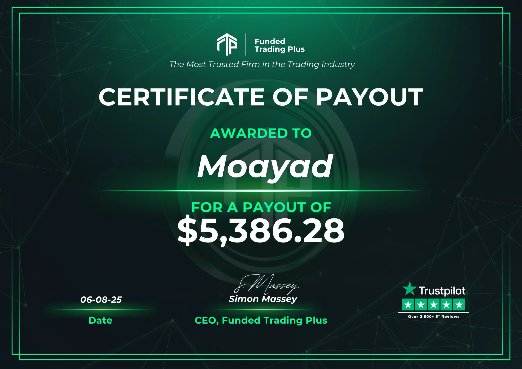 Certificate for Moayad  -  $5,386.28 