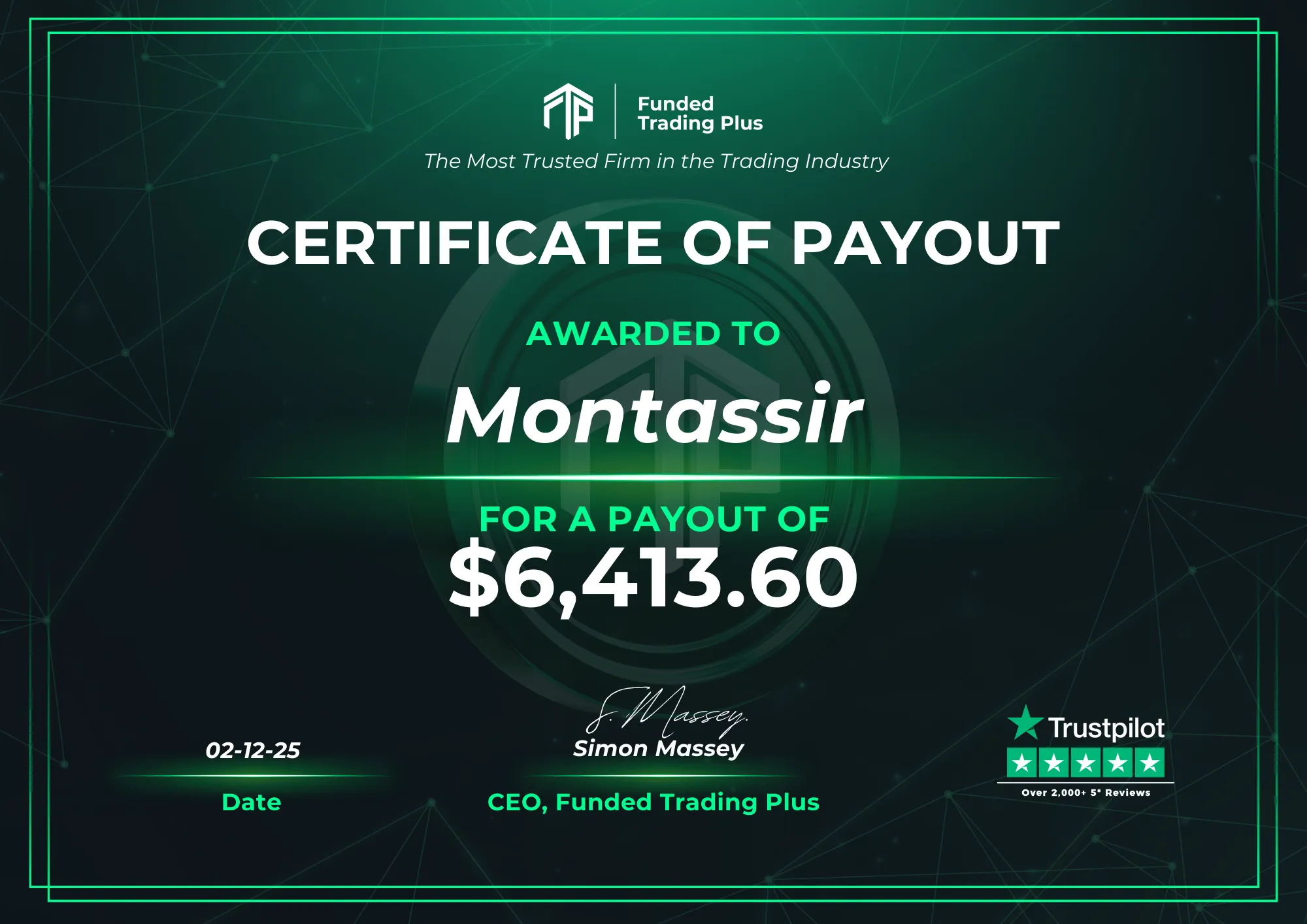 Certificate for Montassir  -  $6,413.60 