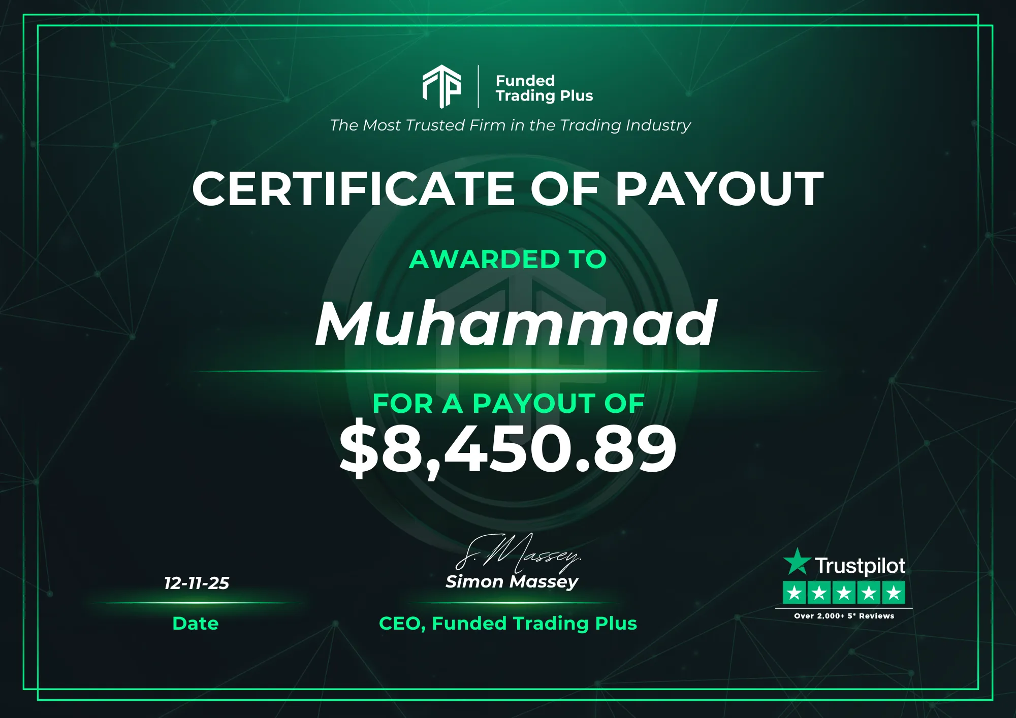 Certificate for Muhammad  -  $8,450.89 