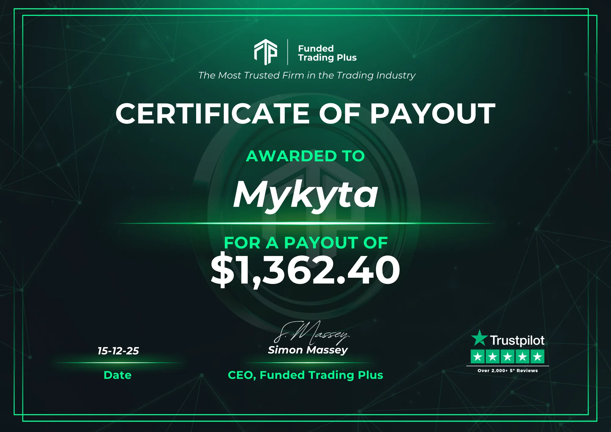 Certificate for Mykyta  -  $1,362.40 