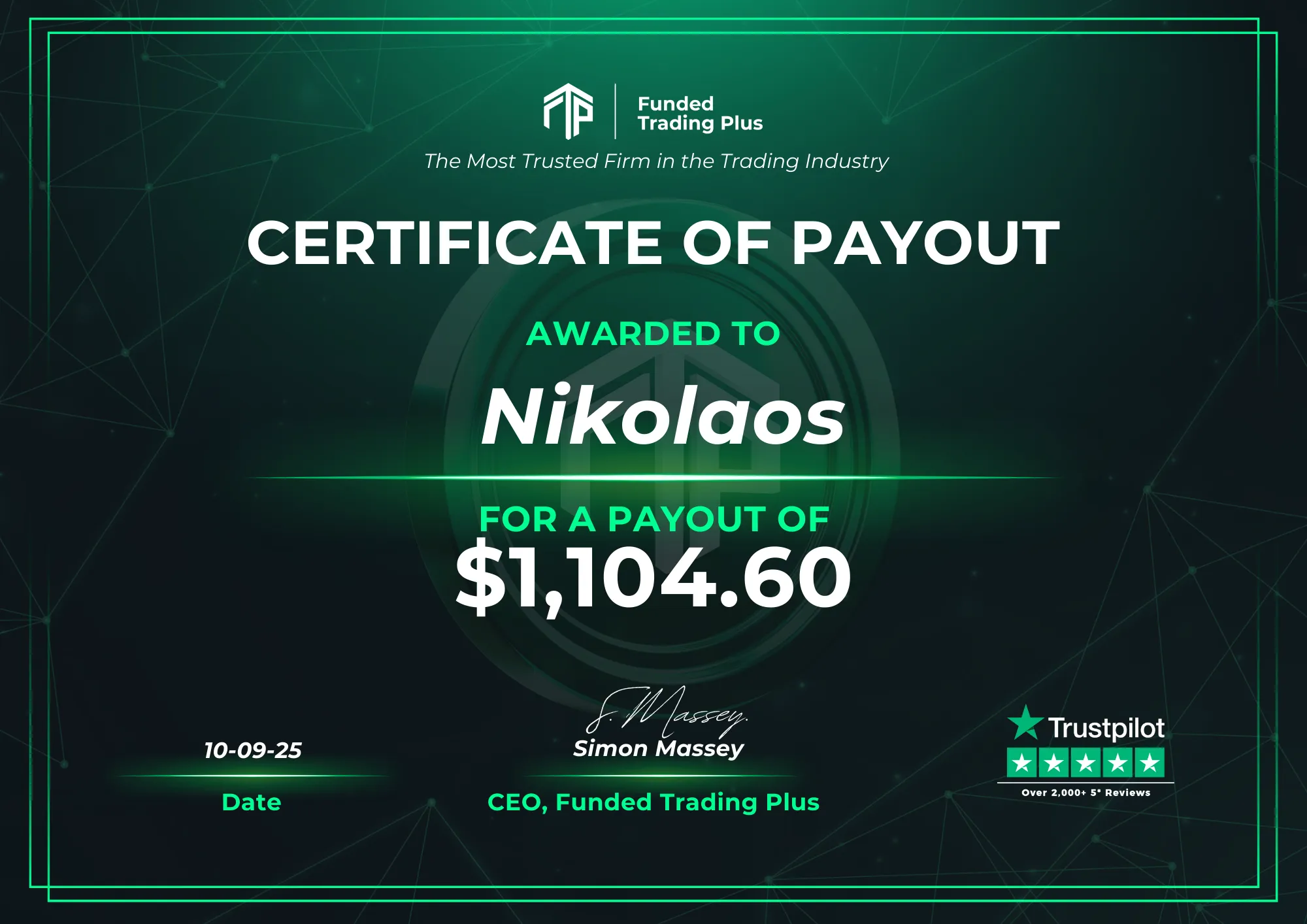 Certificate for Nikolaos  -  $1,104.60 