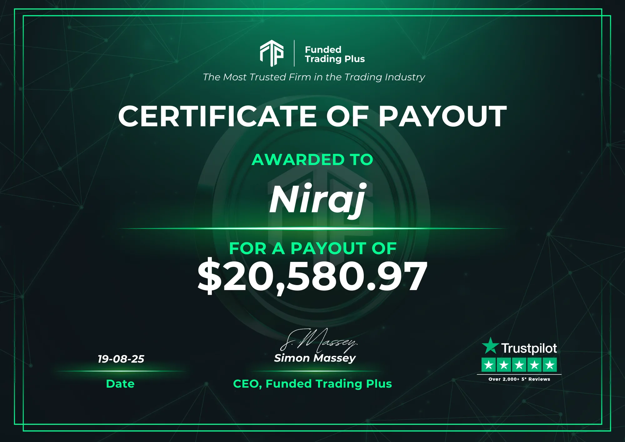 Certificate for Niraj  -  $20,580.97 