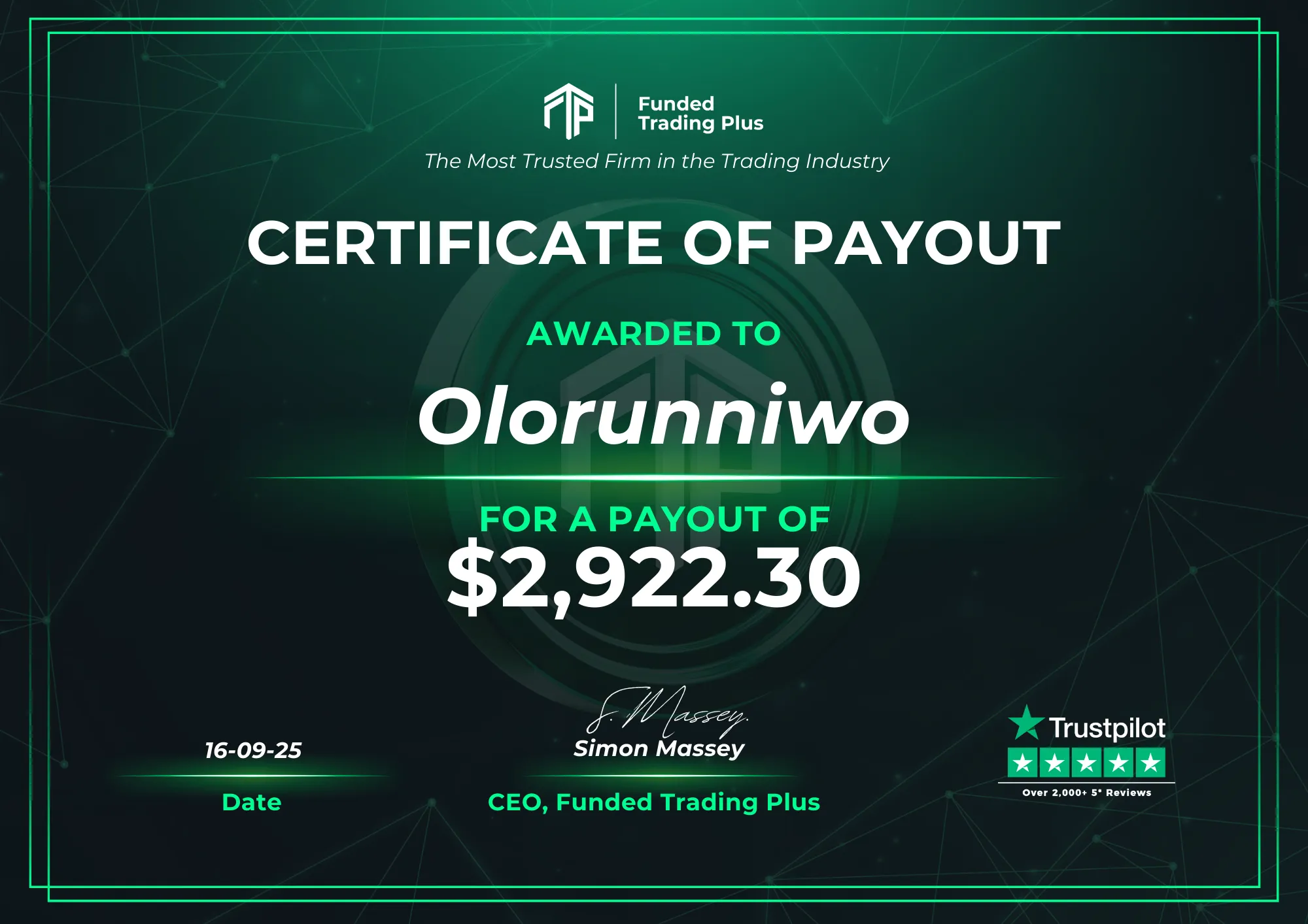 Certificate for Olorunniwo  -  $2,922.30 