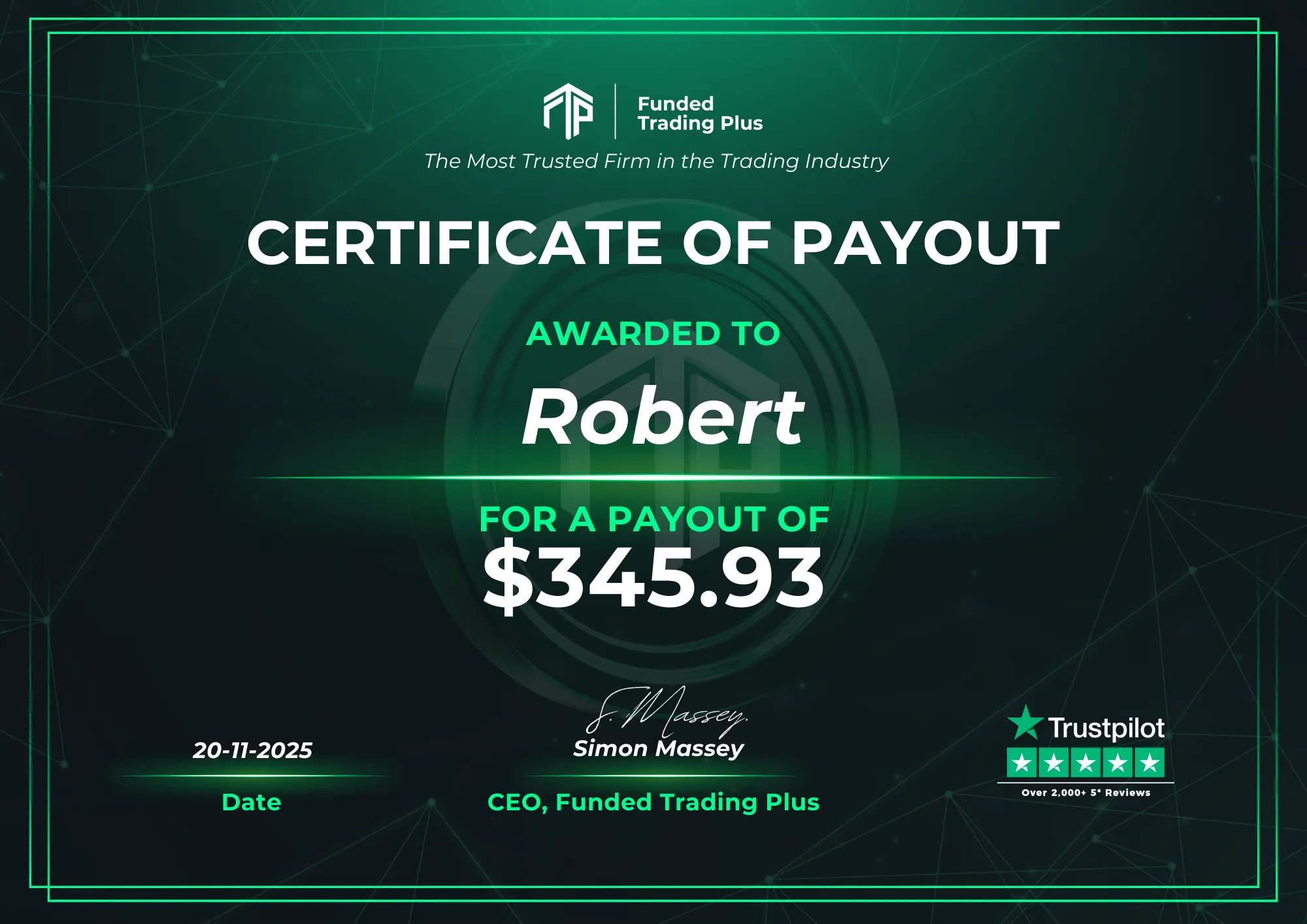 Certificate for Robert  -  $345.93 