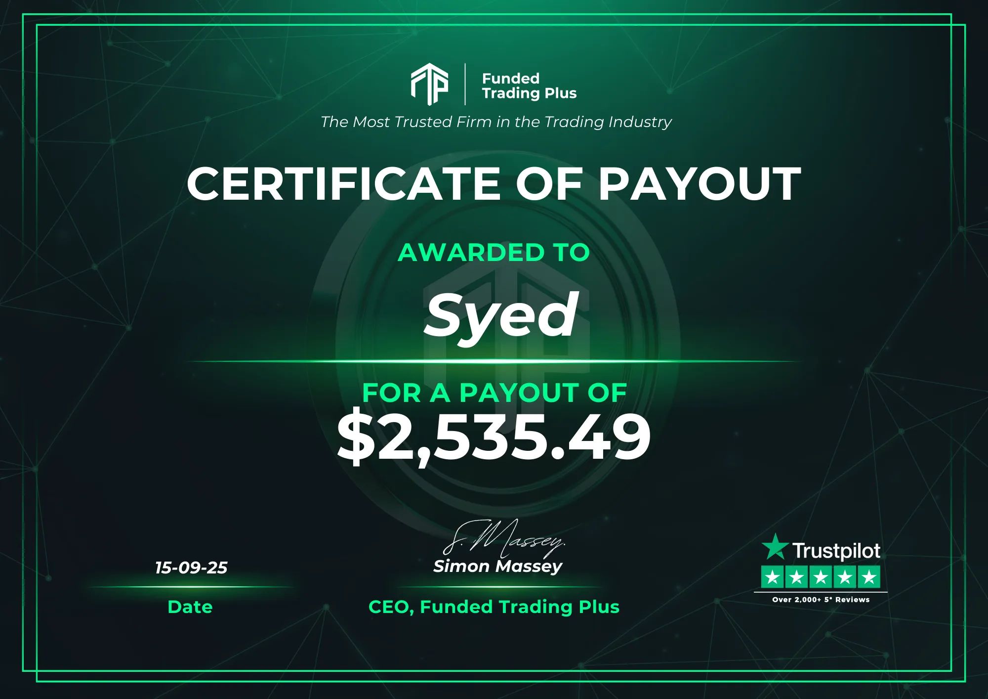 Certificate for Syed  -  $2,535.49 