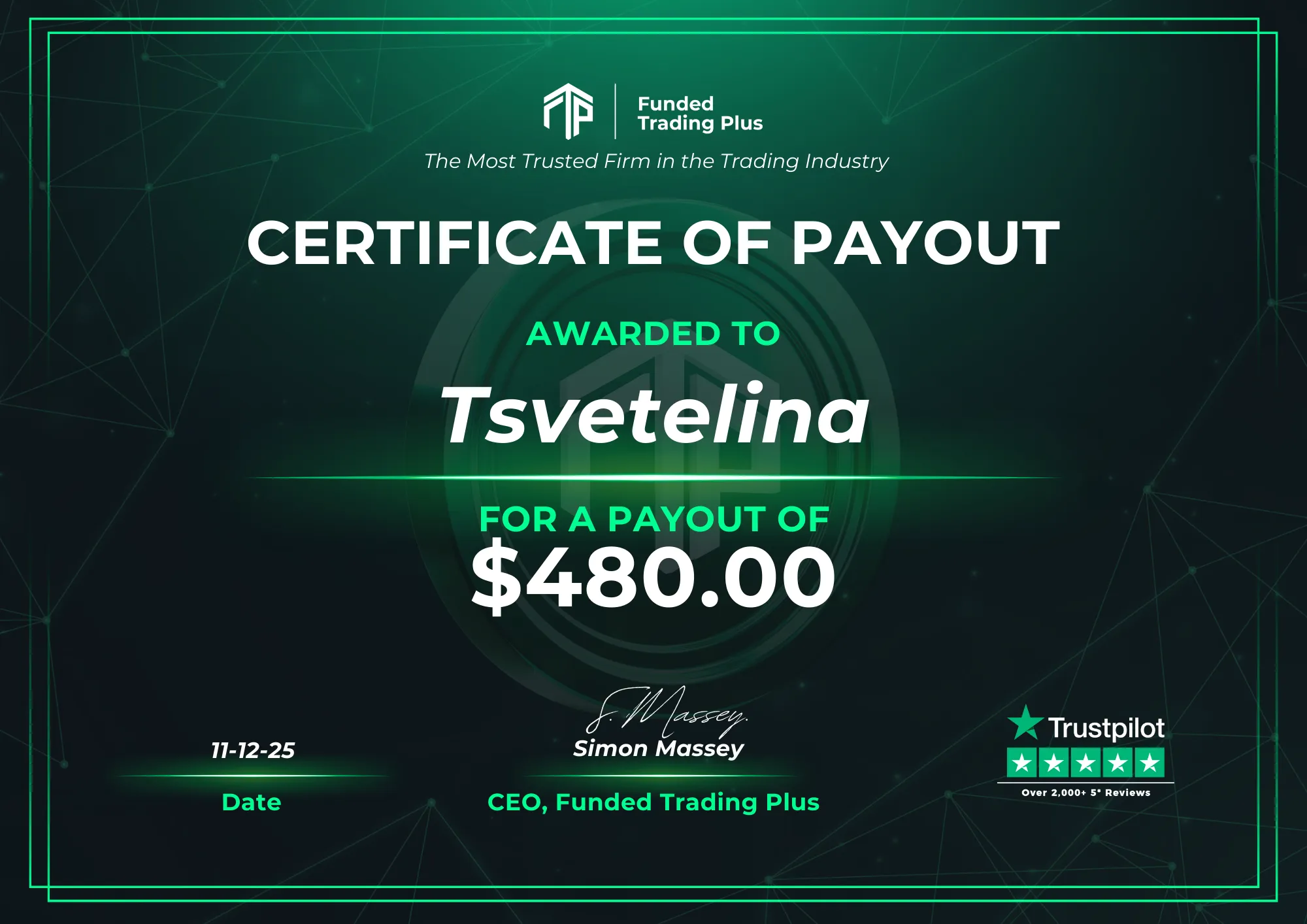 Certificate for Tsvetelina  -  $480.00 
