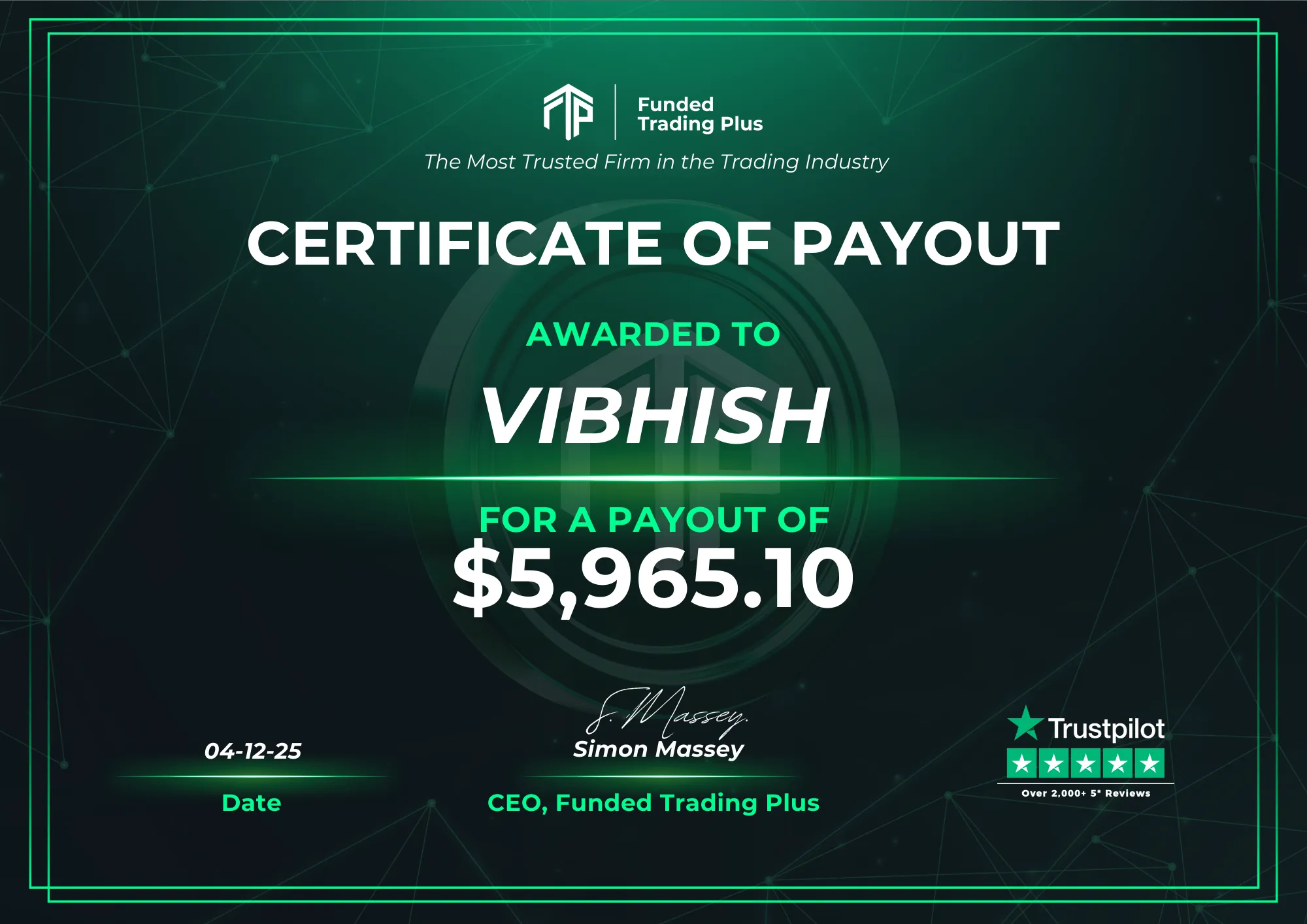 Certificate for VIBHISH  -  $5,965.10 