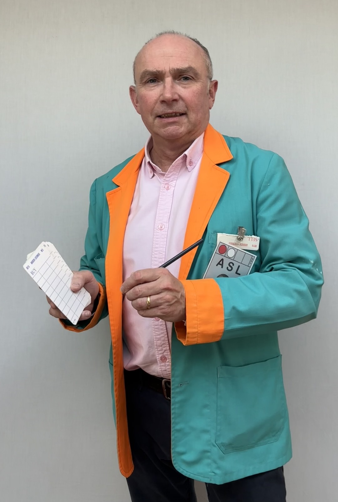 Andrew Lockwood wearing his trading pit jacket.